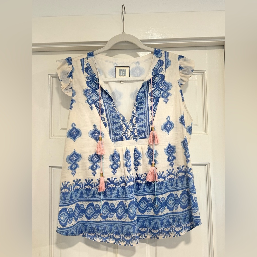 Bell by Alicia Bell Top! — Blue and white pattern with cute pink tassels!